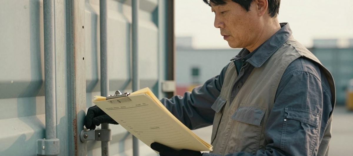 컨테이너 문 잠금대를 잡고 번호와 씰을 서류와 대조하는 기사