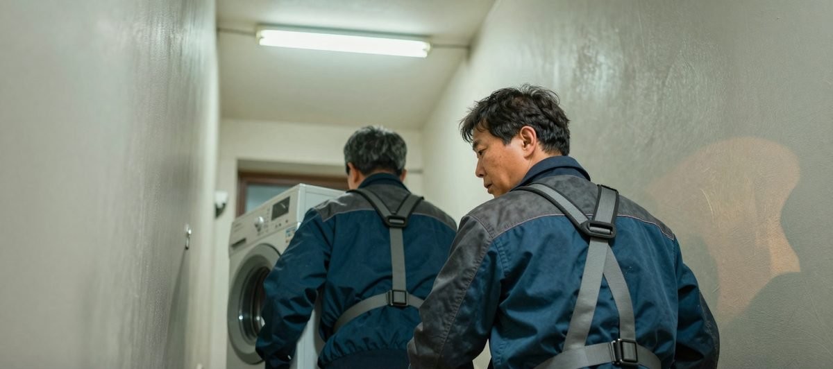 허리 보호대를 차고 계단으로 세탁기를 옮기는 이삿짐 기사