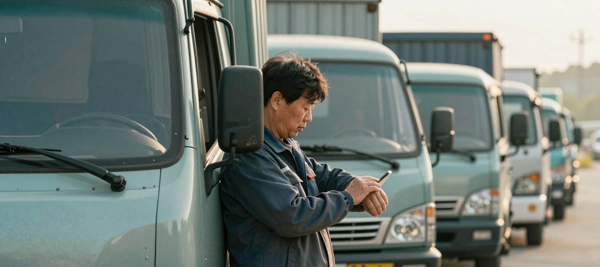 허브 대기 줄에서 휴대폰으로 대기 시간을 재며 기다리는 기사