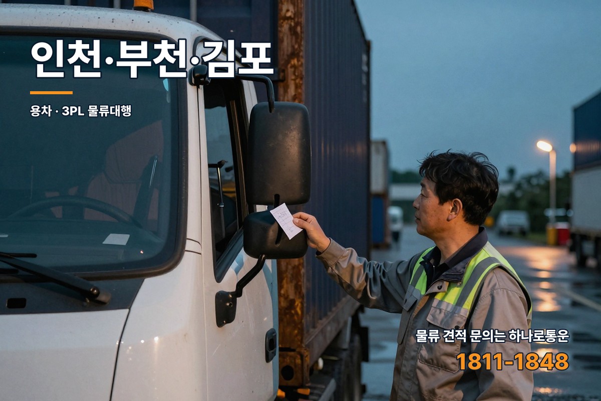 저녁 무렵 인천 항만 야적장에서 화물차 기사에게 배송 전표를 건네는 물류 담당자