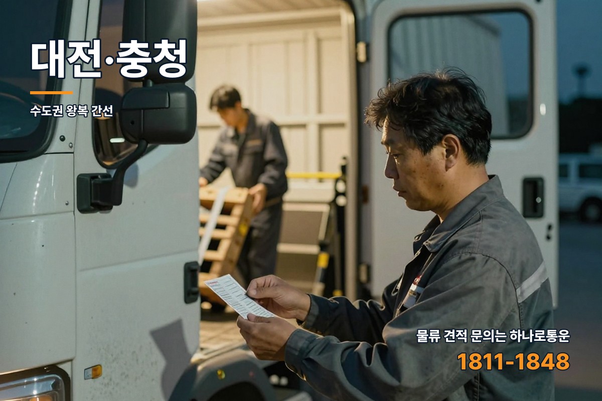 저녁 무렵 배송 전표를 확인하는 기사와 뒤에서 파렛트를 내리는 작업자