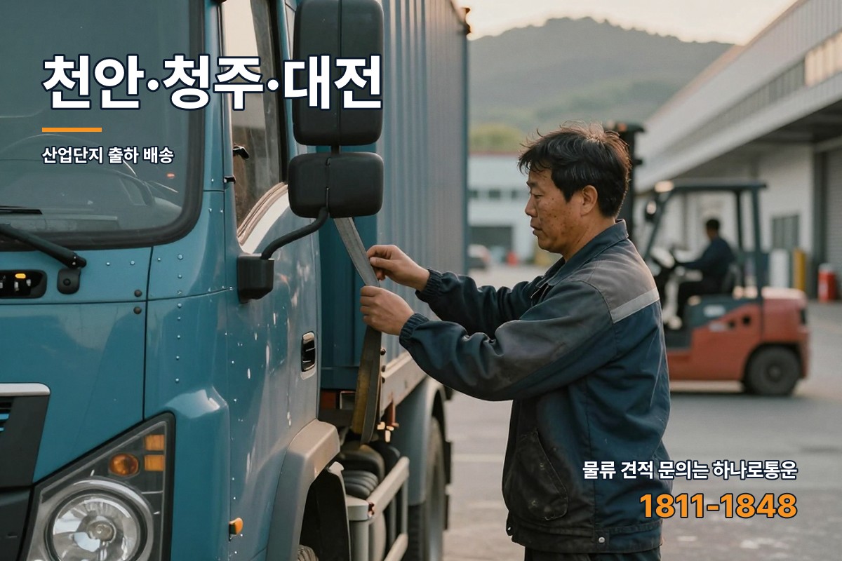 충청권 산업단지 마당에서 화물차 적재함 고정 벨트를 점검하는 기사