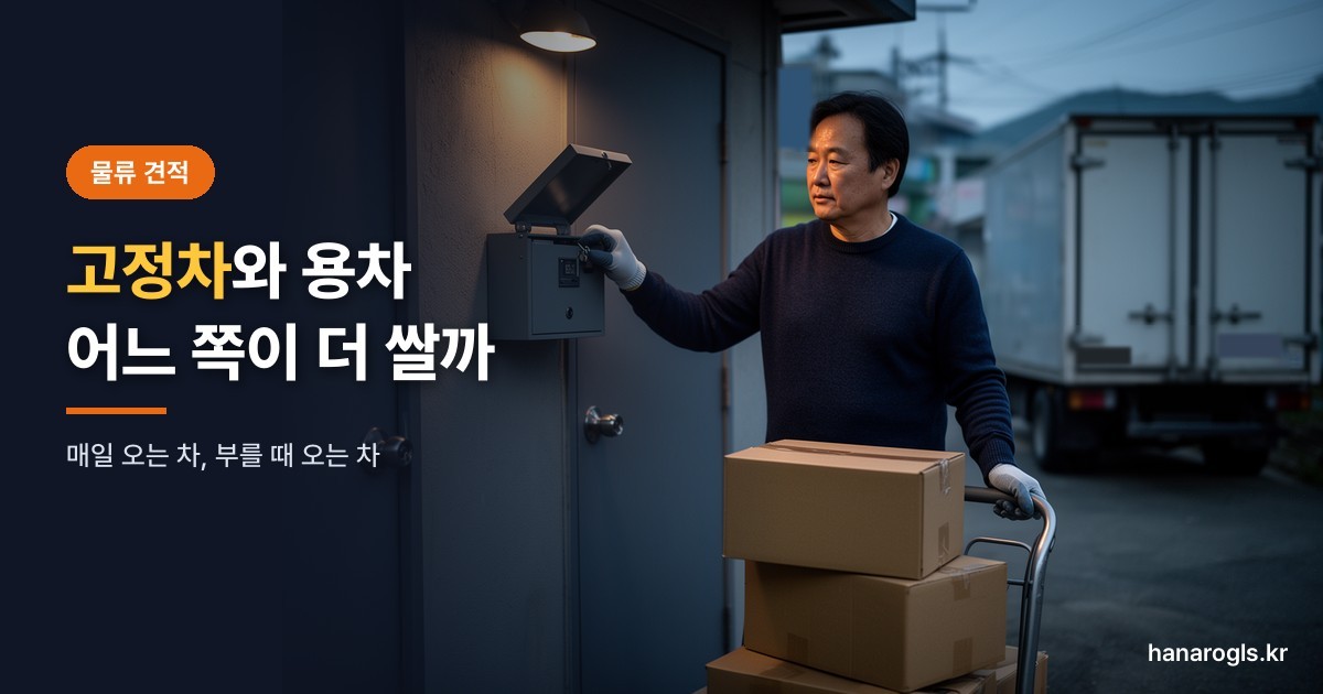 고정차 기사가 새벽 납품 매장 뒷문에서 손수레로 박스를 옮기며 열쇠함을 여는 모습