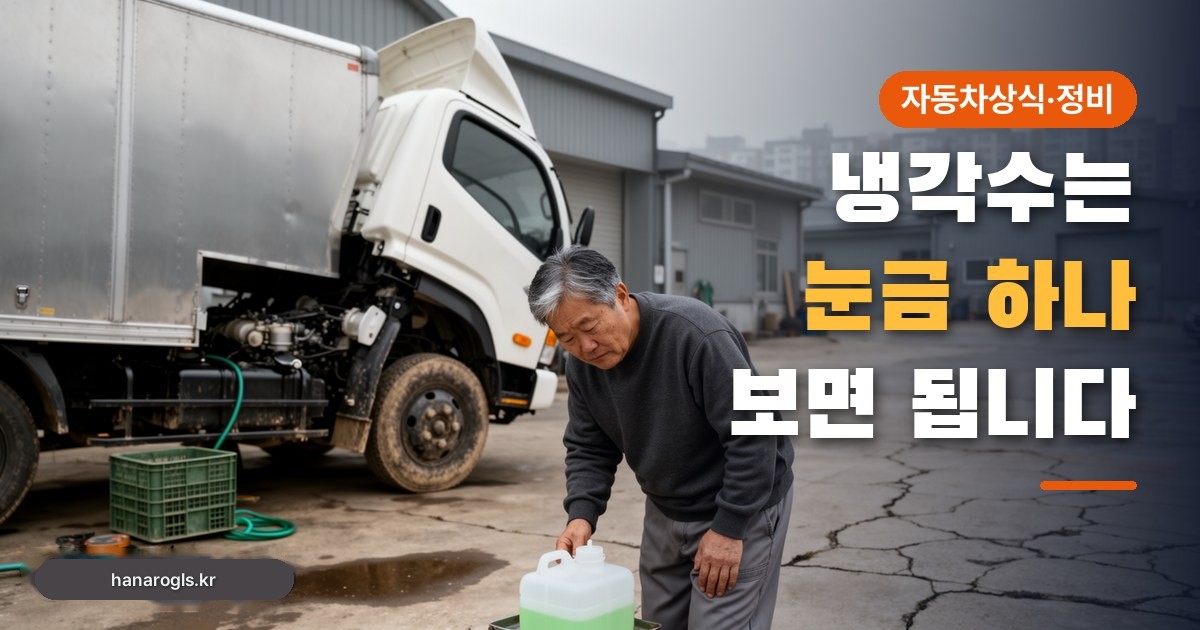 냉각수 점검 방법: 차고지에서 냉각수 통을 살피는 화물차 기사