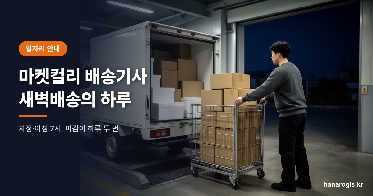 마켓컬리 새벽배송 물류센터에서 롤테이너를 탑차 뒤로 옮기는 기사