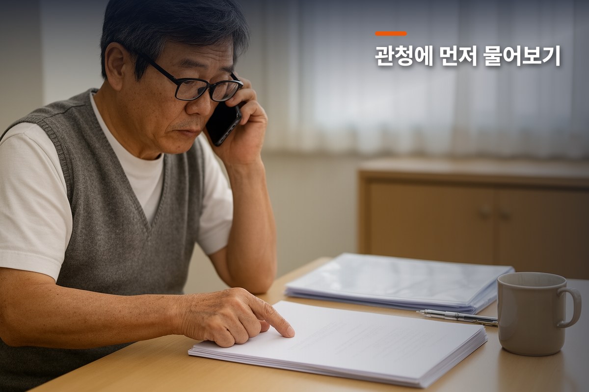 번호판 서류를 앞에 두고 관청에 전화로 먼저 확인하는 기사