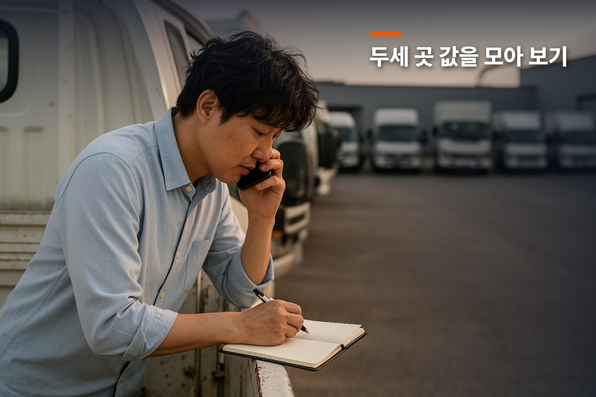 트럭 옆에서 전화로 영업용 번호판 시세를 묻고 수첩에 적는 기사