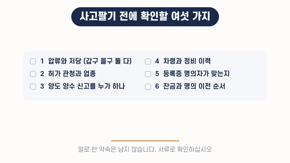 영업용번호판 매매 전 확인할 여섯 가지 — 압류 저당, 허가 관청, 양도양수 신고, 차령, 명의자, 잔금 순서