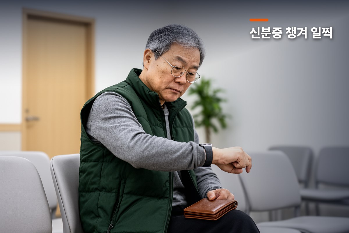 검사장 대기석에서 일찍 도착해 시계를 보며 운전적성정밀검사를 기다리는 기사