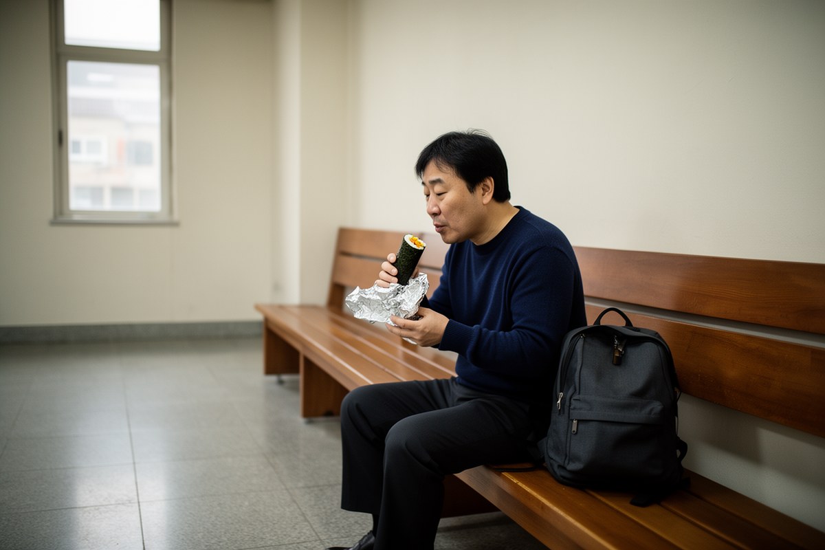 오전 검사를 마치고 오후 시험을 기다리며 점심을 먹는 기사