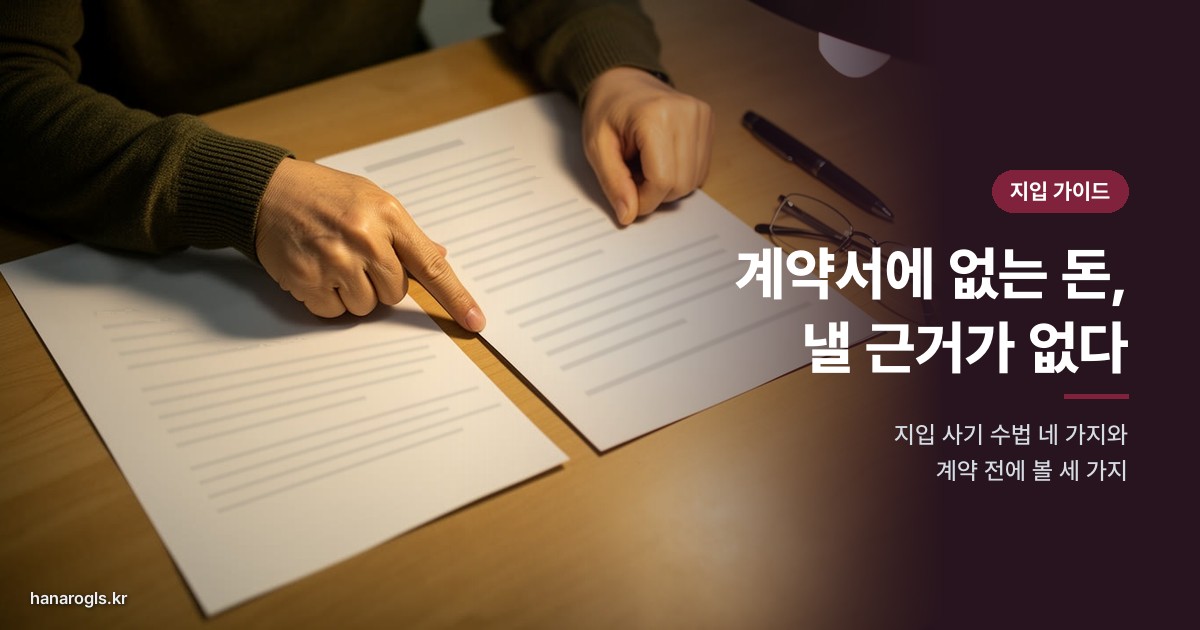 계약서 두 장을 한 줄씩 맞춰 보는 손 — 계약서에 없는 돈은 낼 근거가 없다