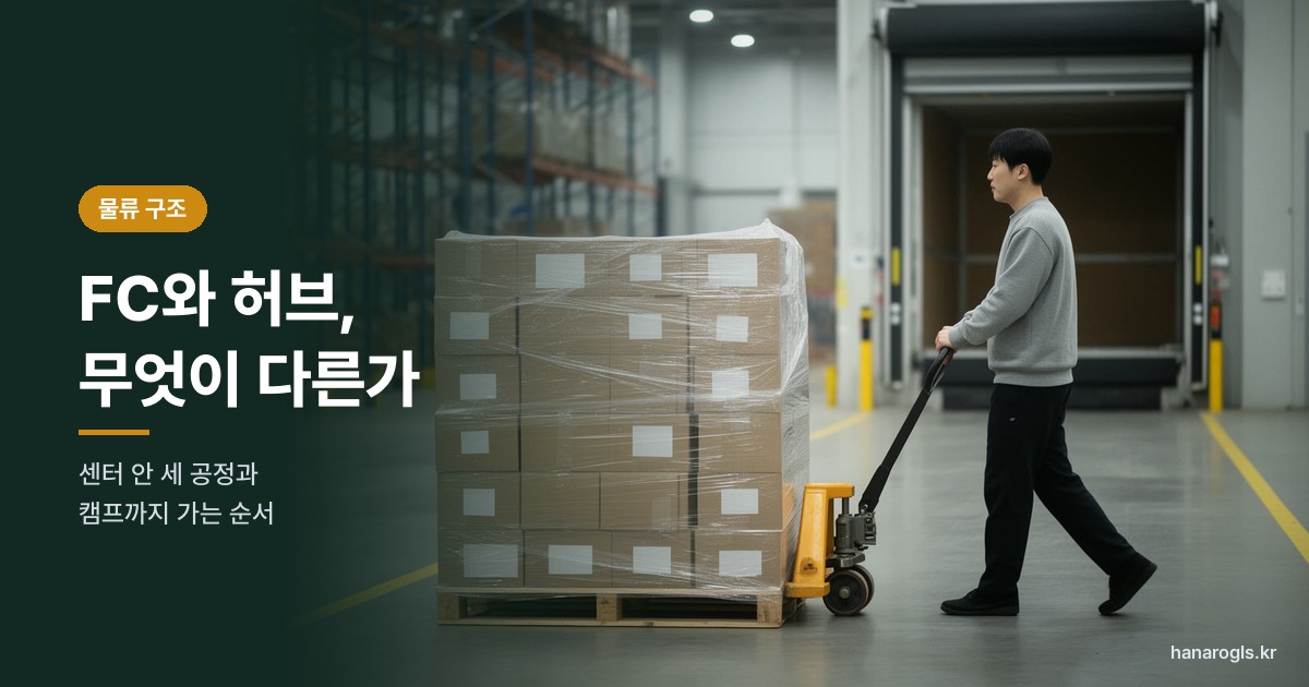 물류센터 출하장에서 직원이 핸드파렛트로 랩을 감은 상자 파렛트를 도크 쪽으로 끄는 모습 — FC 안 허브 공정