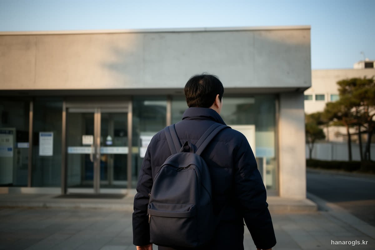 버스에서 내려 화물운송 자격시험장으로 걸어가는 기사 뒷모습