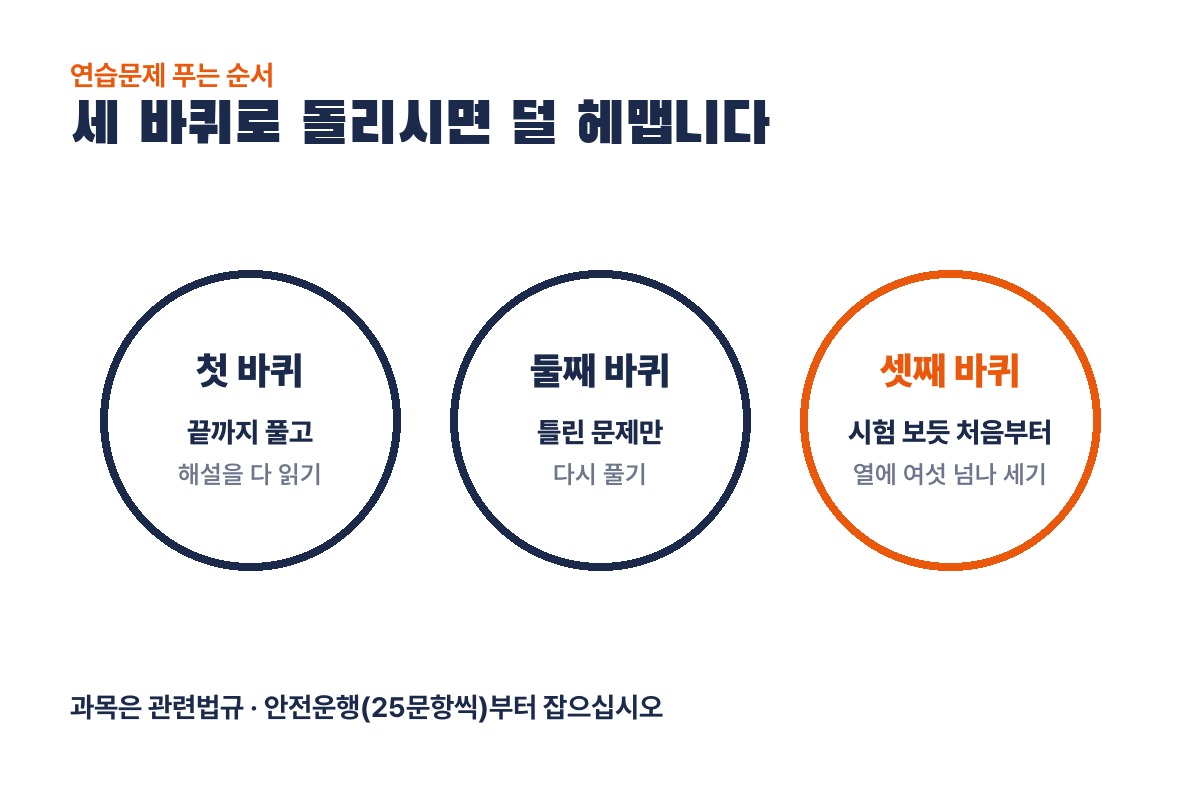 화물운송자격증 기출문제 푸는 법 세 바퀴: 끝까지 풀고 해설 읽기, 틀린 문제만 다시 풀기, 시험 보듯 처음부터 풀기