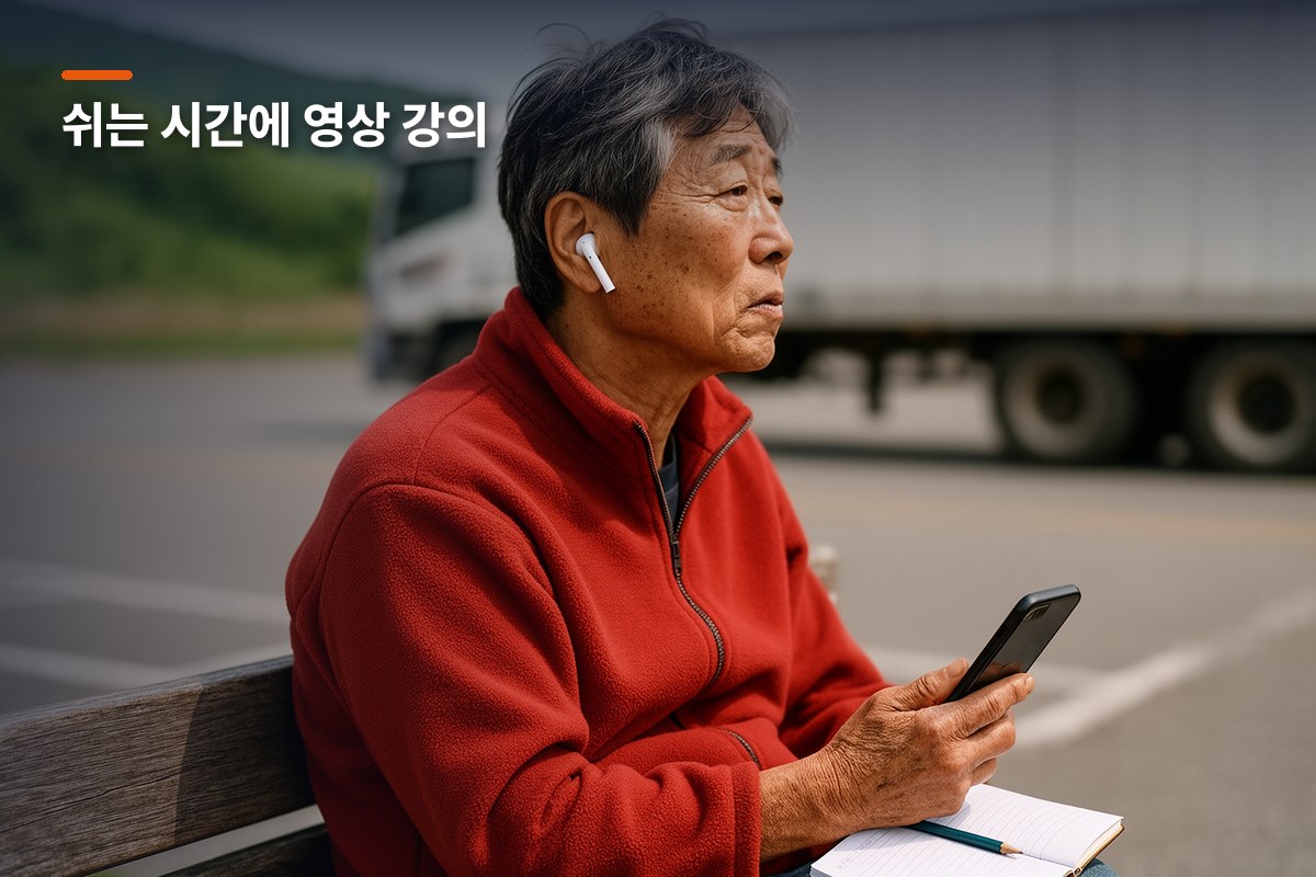 휴게소 벤치에서 이어폰으로 화물운송자격증 영상 강의를 듣는 기사